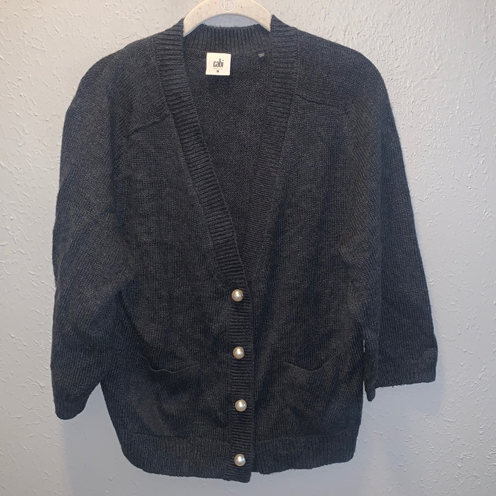 Cabi Dark Grey V Neck Cardigan Sweater 4 Pearl Button 3/4 Sleeves Sz Med…